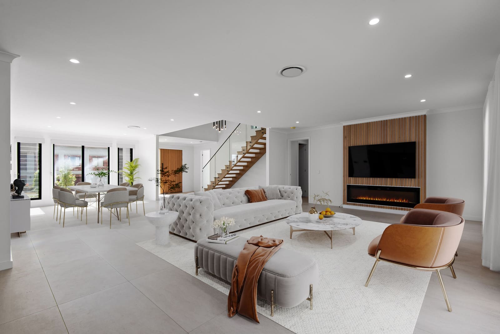 Living room with fireplace and timber feature wall
