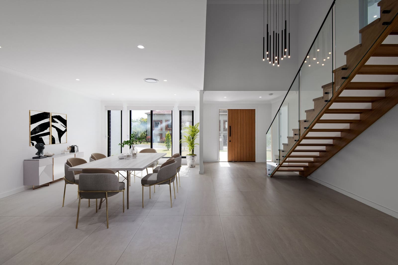 Dining area beside the floating timber stair